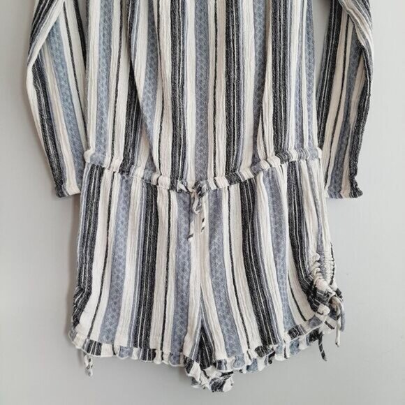 ROXY Anthem 100% Cotton Off-Shoulder Romper Blue Stripe Pattern Sz M - Picture 4 of 13